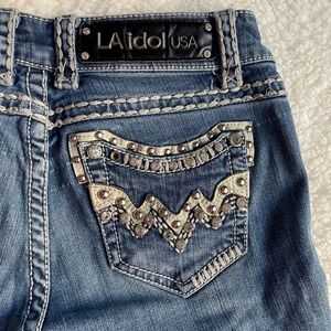 LA Idol USA Denim Cotton Women Size 3 Embellished Capri Jeans Medium Wash Y2K